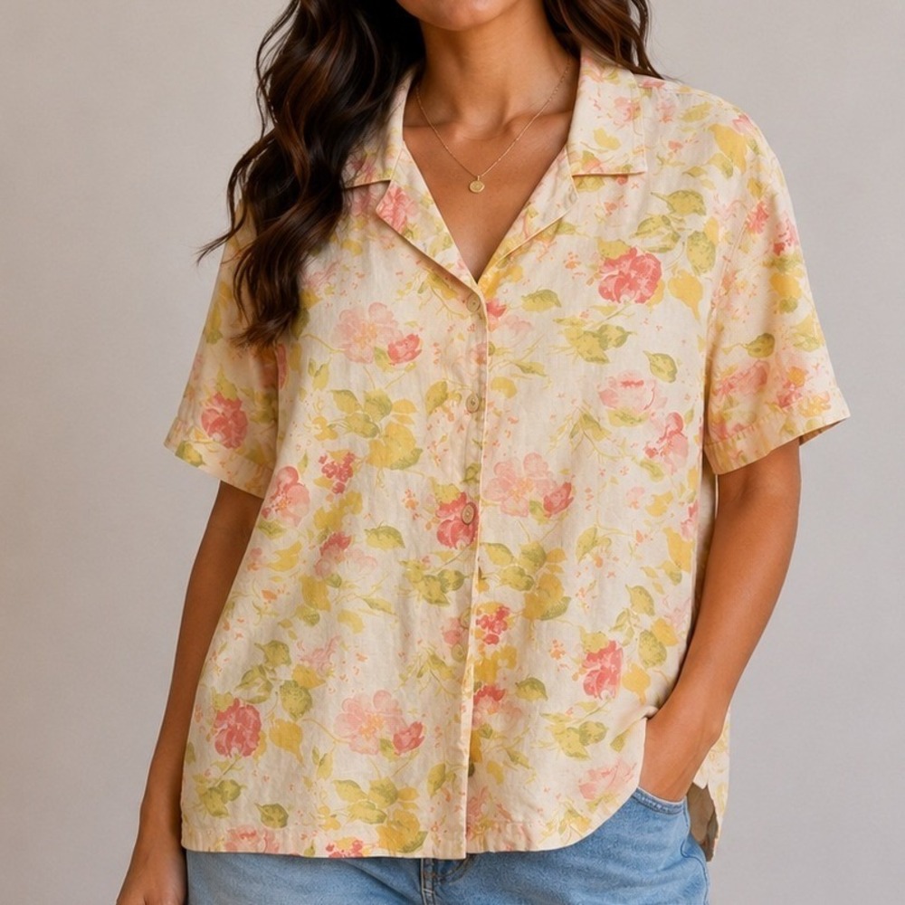 Vintage Eddie Bauer Linen Blend Floral Button Front Shirt Large Cottagecore